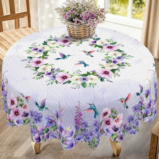 1 Piece, Purple Polyester Tablecloth with Hummingbird and Morning Glory Print + 4 Self-Adhesive Stickers, Pastoral Garden Atmosphere, Embossed Edges, Suitable for Home Kitchen, Living Room Dining Table, Balcony Coffee Table,