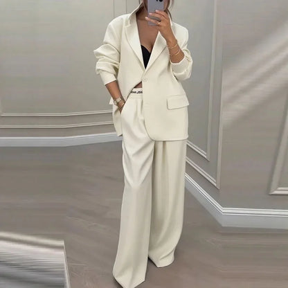 Casual Women's Suit Set Autumn Sexy Turn down Collar Button Blazer & Straight-leg Pants Set Winter Solid Long Sleeve Chic Outfit
