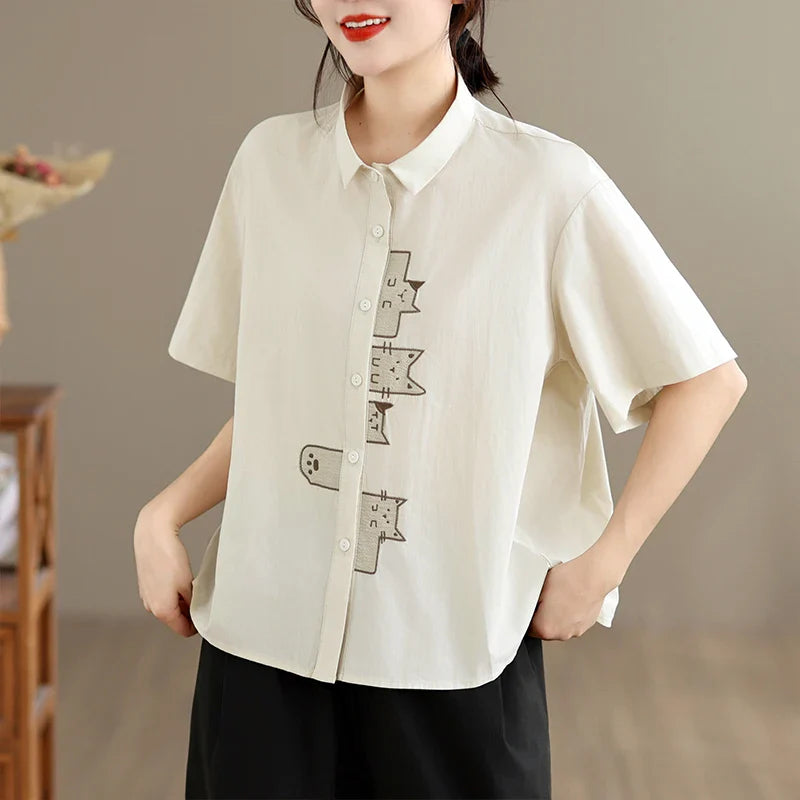 Casual Style Embroidered Pure Cotton Loose Fit Short Sleeve Shirt Women's plus Size Slimming Versatile White Summer Shirt