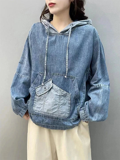Amax luluE Spring Fashion Denim Hoodies Womens Vintage Hooded Classic Loose Sweatshirts Ladies Harajuku Leisure Korean Clothes