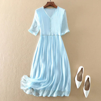 100% Real Silk Summer Dress Women Elegant Red Dresses For Women Clothing Office Lady Holiday Beach Dress Vestido De Mujer Zm274