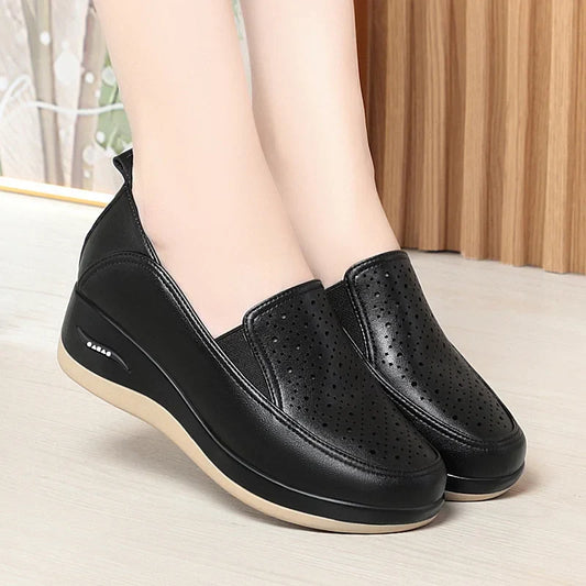 2024 Spring Soft Leather Thick Bottom Women Shoes Wedges Cutout Breathable Sneakers Platform Lightweight Mom Loafers