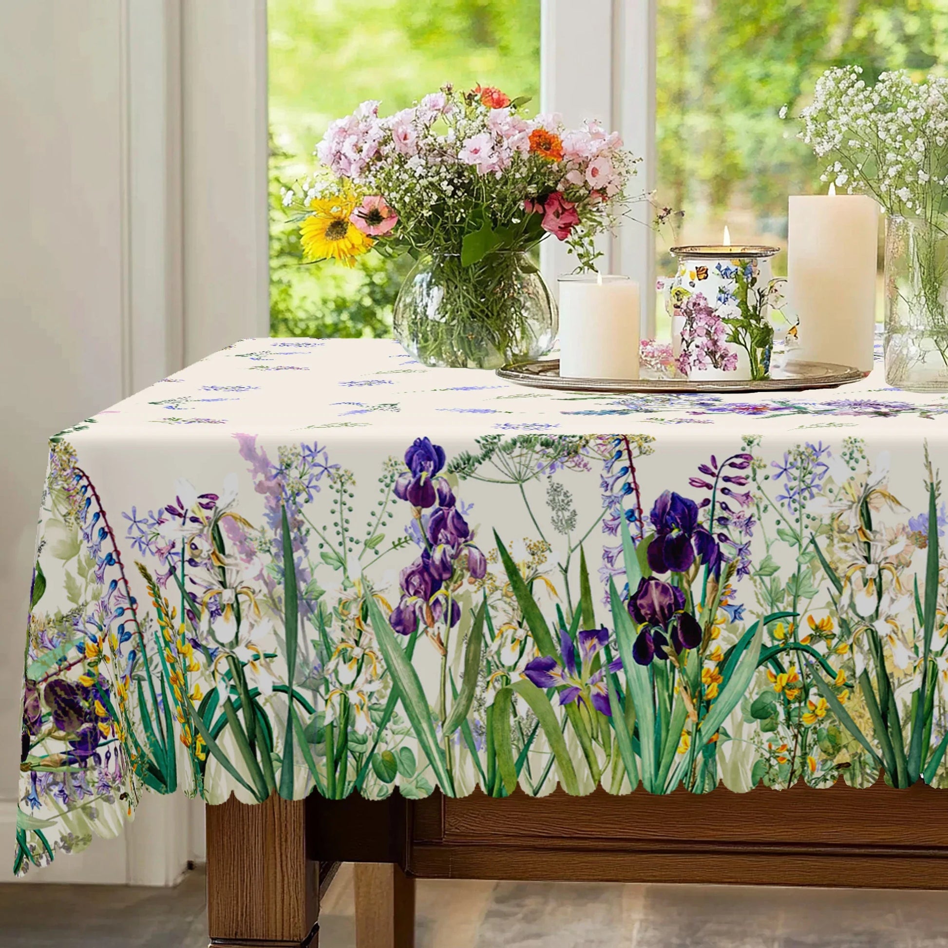 1 Piece of Fresh Spring-Themed Round and Rectangular Tablecloth, Available in Various Sizes, with a Print Featuring Delicate Purple Iris and Vibrant Green Grass, Fine Blue Floral Clusters, and Faintly Patterned Branches and L