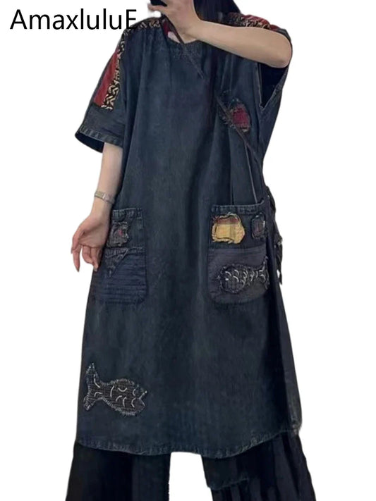 Amax LuluE Summer Chinese Womens Casual Embroidery Denim Dress Loose Cartoon O Neck Long Clothes Ladies Classic Vintage Vestidos