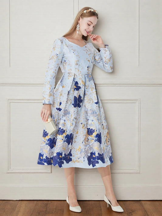 DEVCHATA Women's Luxury Fall Winter Long Maxi Dresses New Jacquard Party Fashion Long Sleeve Dress Lady Evening Clothing