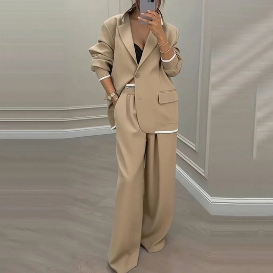 Casual Women's Suit Set Autumn Sexy Turn down Collar Button Blazer & Straight-leg Pants Set Winter Solid Long Sleeve Chic Outfit