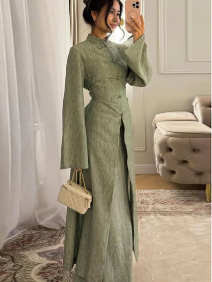 Chinese Style Frog Button Two Piece Set Long Flared Sleeve Ruched Waist Traditional Oriental Outline Sets Spring Picnic Outfit