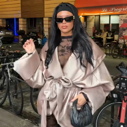 2026 New Women's Glossy Satin Cropped Blazer Oversized Lapel Tie Waist Short Coat Champagne Streetwear Club Night Out Jacket