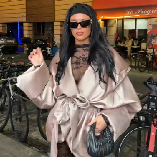 2026 New Women's Glossy Satin Cropped Blazer Oversized Lapel Tie Waist Short Coat Champagne Streetwear Club Night Out Jacket