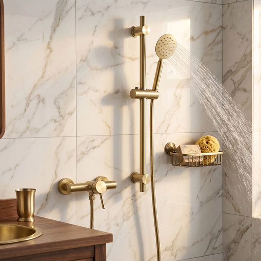 Brushed Gold Bathroom Shower Faucet Set Wall Mounted  ,  Cold and Hot Bath and  Mixer Taps Brass