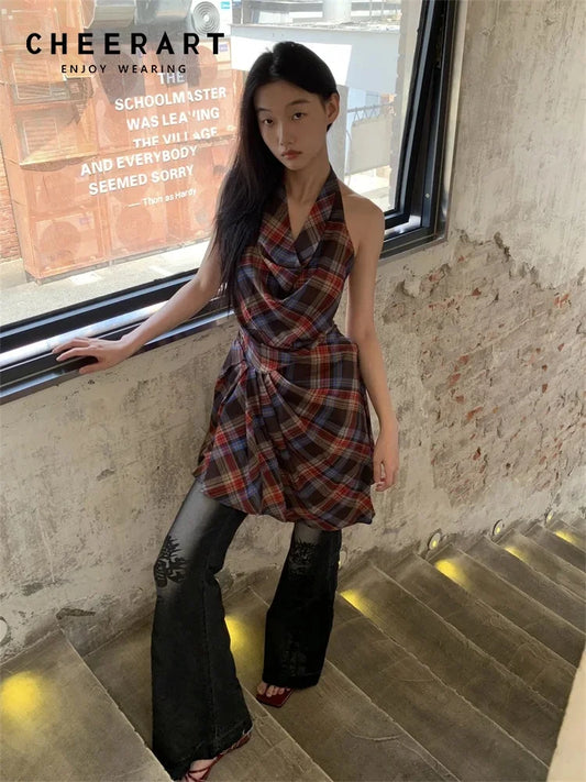 CHEERART Cowls Backless Plaid Summer Halter Dress Women 2025 Designer Vintage Sleeveless Ruched Mini Dress Clothes
