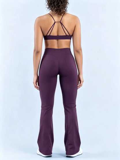 2Pcs Women Sports Yoga Set Halter Neck Sports Bra Flare Leggings Seamless Hip Lifting Quick Dry Gym Fitness Workout Activewear