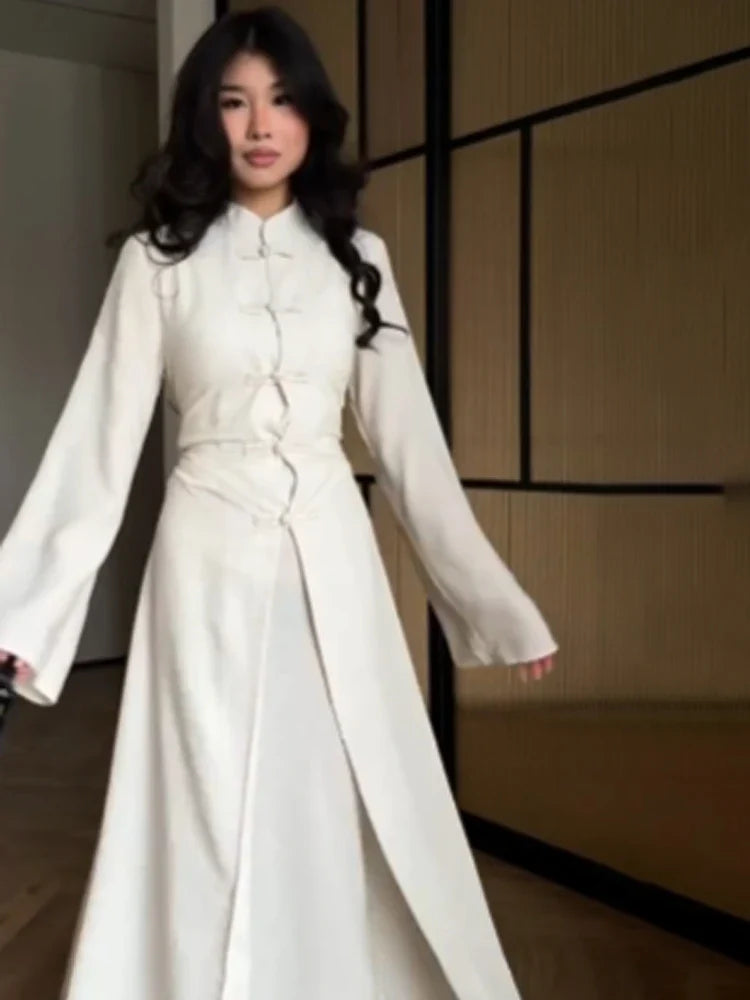 Chinese Style Frog Button Two Piece Set Long Flared Sleeve Ruched Waist Traditional Oriental Outline Sets Spring Picnic Outfit