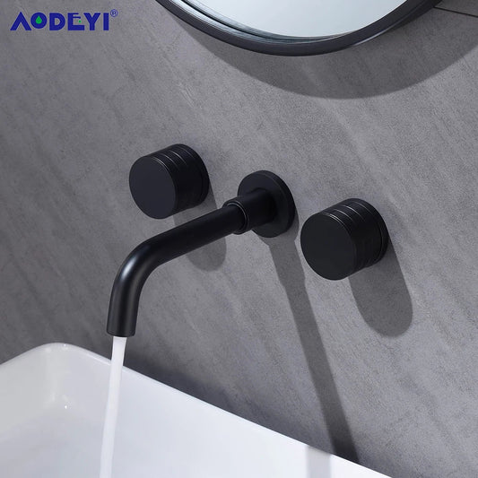 Black Bathroom Faucet Brass Double Lever Wall Mounted Sink Faucets Hot Cold Water Polished Taps Basin Mixer Brushed Gold Tap Set