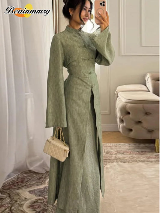 Chinese Style Frog Button Two Piece Set Long Flared Sleeve Ruched Waist Traditional Oriental Outline Sets Spring Picnic Outfit