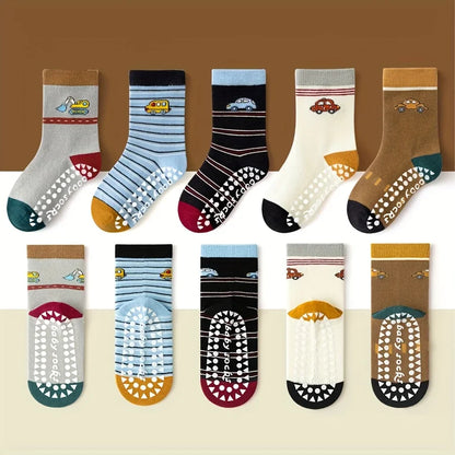 5 Pairs of Children's Floor Socks with Cartoon Stripes and Car Patterns, Adhesive Dots, for Boys and Girls, Baby Toddler Soft-Soled Indoor Non-Slip Japanese-Style Versatile Mid-Calf Socks, Suitable for Casual Daily Life