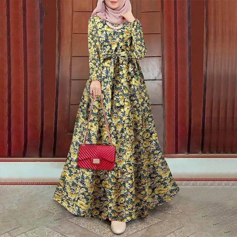 2025 New Muslim Robe Dress Fashion Retro Robe Femme Musulman Printed Long Sleeve Women's Dress