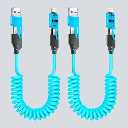 1/2PCS 4-in-1 Spring Data Cable & 65W Quick Charger: 6A USB Type-C Telescopic Wire Compatible with iPhone/iPad/MacBook/Huawei