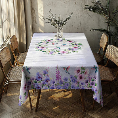 1 Piece, Purple Polyester Tablecloth with Hummingbird and Morning Glory Print + 4 Self-Adhesive Stickers, Pastoral Garden Atmosphere, Embossed Edges, Suitable for Home Kitchen, Living Room Dining Table, Balcony Coffee Table,