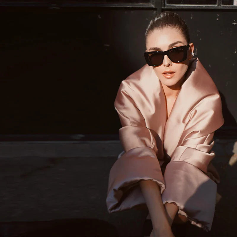 2026 New Women's Glossy Satin Cropped Blazer Oversized Lapel Tie Waist Short Coat Champagne Streetwear Club Night Out Jacket