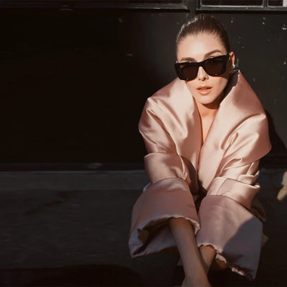 2026 New Women's Glossy Satin Cropped Blazer Oversized Lapel Tie Waist Short Coat Champagne Streetwear Club Night Out Jacket