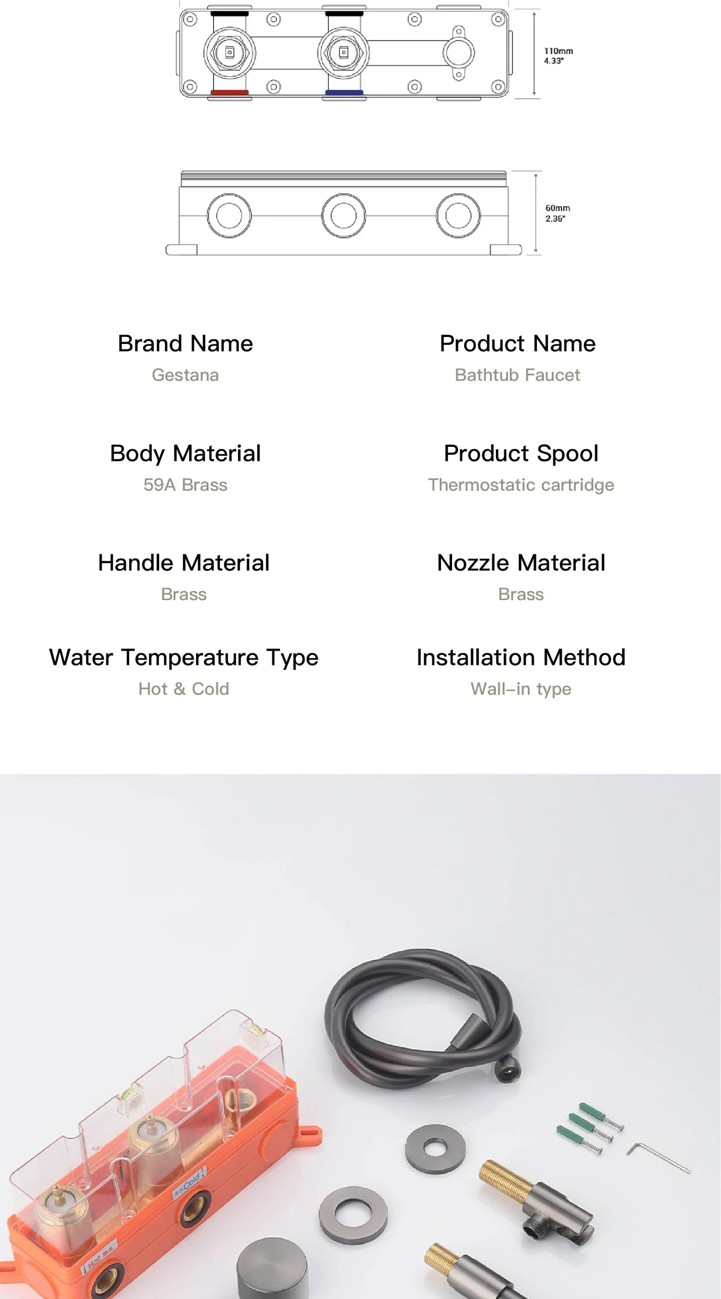 Bathroom Minimalist Gun Gray Brass Wall Mounted Bathtub Faucet with Dual Handles for Hot & Cold Water Dual Function Shower Mixer