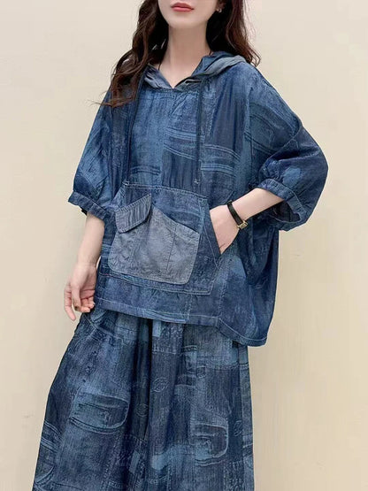AmaxluluE Summer Fashion Clothes 2025 Women Denim Hooded Blouses Casual Big Size Printed Shirts Ladies Loose Vintage O Neck Tops