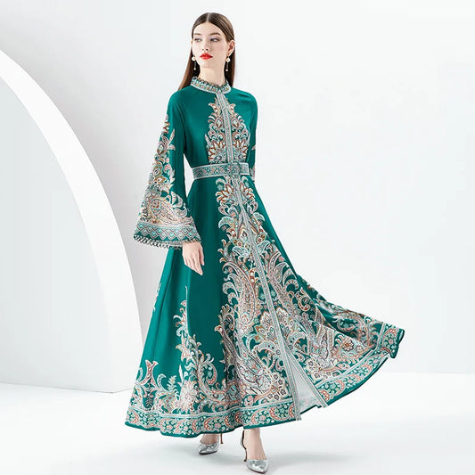 2023 New Silk Long sleeved Ethnic Style Retro Printed Dress for Women's Vacation Style Standing Collar Long Swing Dress