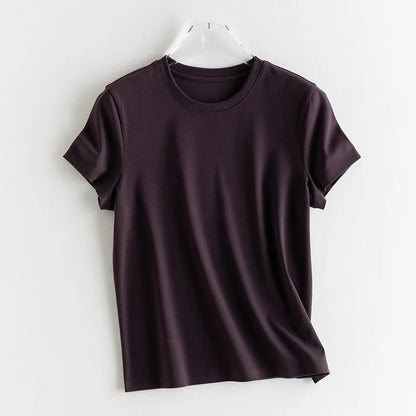 Birdtree 7%  Silk 62% Cotton Solid Female Tshirt,Woman O-neck Short Sleeve Fit Shirt,2025 Spring Summer New T57615JF