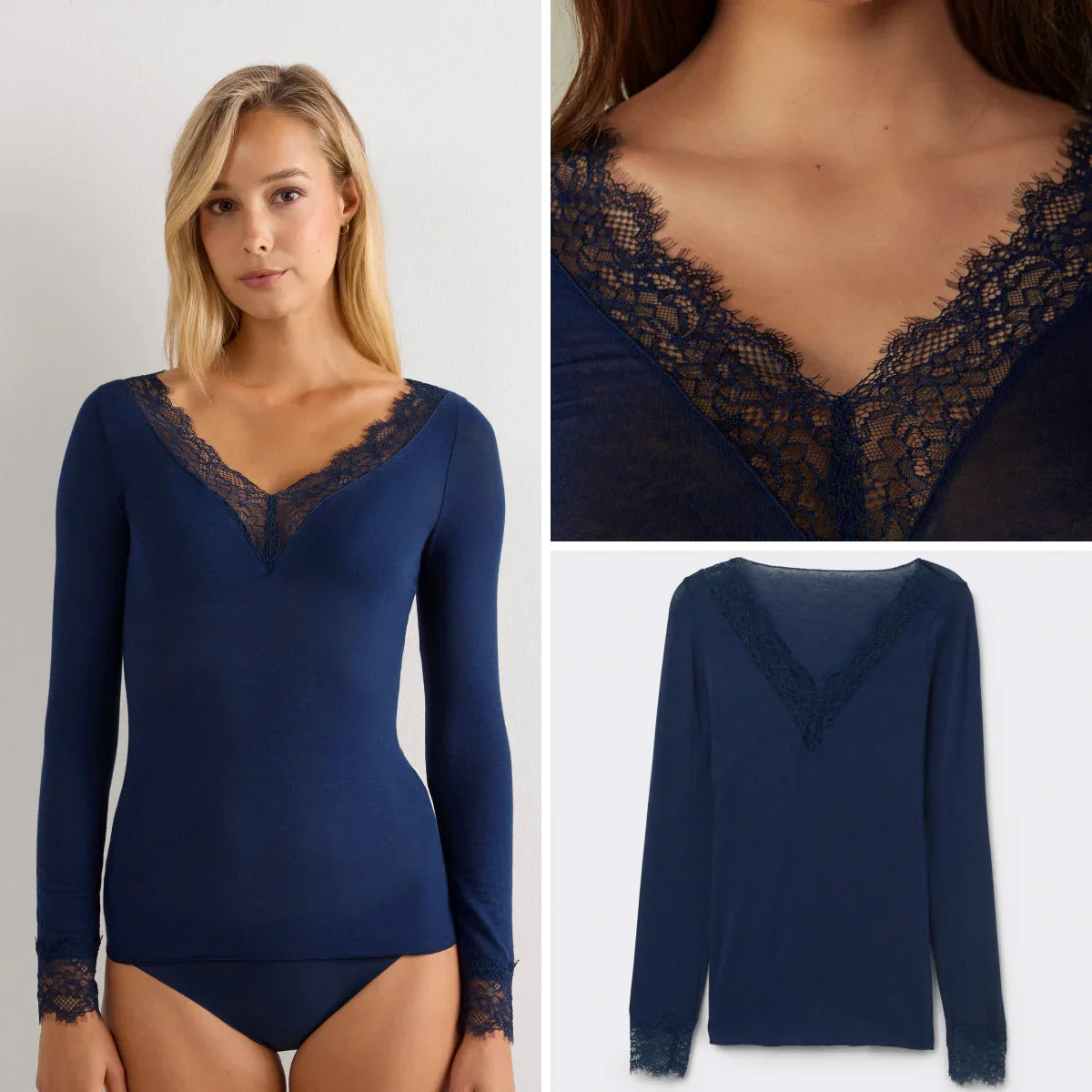 Absobe Long Sleeve Lace Trim T-shirt Women Sexy Low Cut V-Neck Patchwork Versatile Slim Female Top Solid Color Casual Streetwear