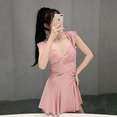 2023 New Fairy Style Thermal Spring One-Piece Swimsuit Belly Covering Slimming Backless Gown Sexy Gathered Casual Swimwear
