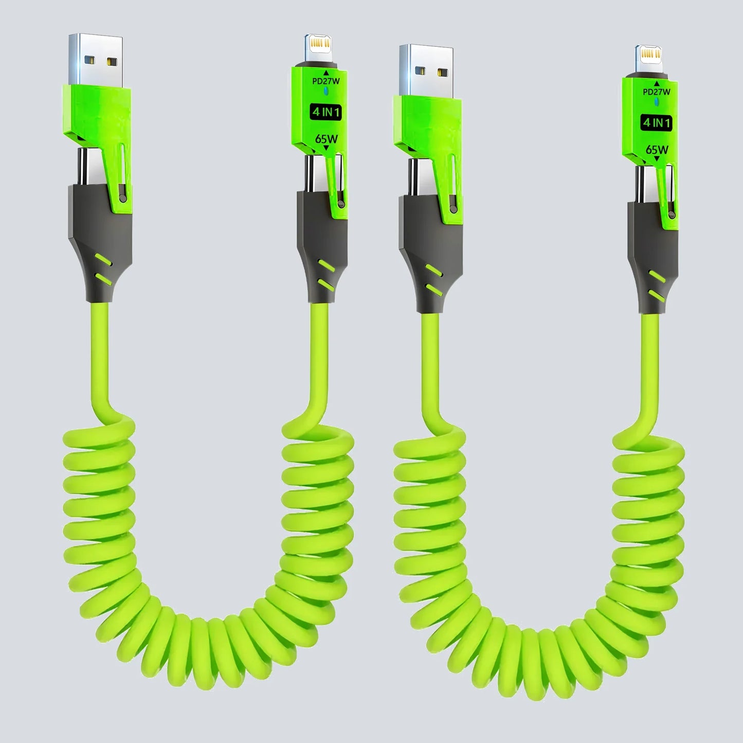 1/2PCS 4-in-1 Spring Data Cable & 65W Quick Charger: 6A USB Type-C Telescopic Wire Compatible with iPhone/iPad/MacBook/Huawei