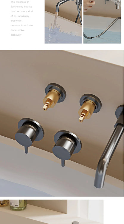 Bathroom Minimalist Gun Gray Brass Wall Mounted Bathtub Faucet with Dual Handles for Hot & Cold Water Dual Function Shower Mixer