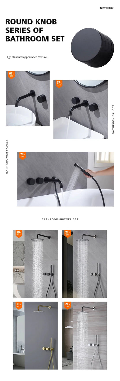 Black Bathroom Faucet Brass Double Lever Wall Mounted Sink Faucets Hot Cold Water Polished Taps Basin Mixer Brushed Gold Tap Set