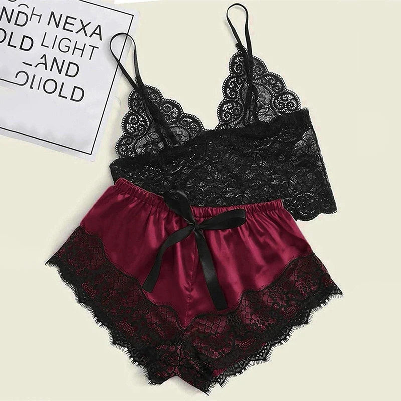1 Pajamas Set Womens Lace Sleepwear Lingerie Crop Tops And Shorts Babydoll Pajamas Underwear Nightwear