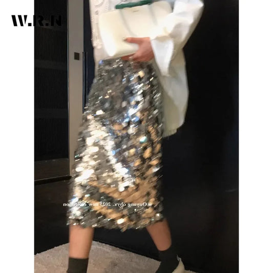 2024 Spring High Street Clubwear Sequins Design Mid Long Skirts Women Casual High Waist Streetwear Hotsweet A-Line Skirt