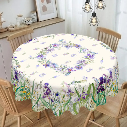 1 Piece of Fresh Spring-Themed Round and Rectangular Tablecloth, Available in Various Sizes, with a Print Featuring Delicate Purple Iris and Vibrant Green Grass, Fine Blue Floral Clusters, and Faintly Patterned Branches and L