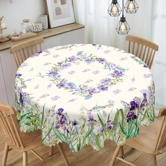 1 Piece of Fresh Spring-Themed Round and Rectangular Tablecloth, Available in Various Sizes, with a Print Featuring Delicate Purple Iris and Vibrant Green Grass, Fine Blue Floral Clusters, and Faintly Patterned Branches and L