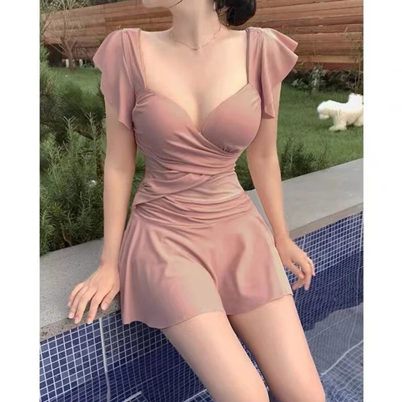 2023 New Fairy Style Thermal Spring One-Piece Swimsuit Belly Covering Slimming Backless Gown Sexy Gathered Casual Swimwear