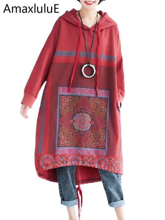 Amax luluE 2024 Autumn Womens Printed Loose Hooded Long Hoodies Fashion Clothes Ladies Luxury Classic Vintage Casual Sweatshirts