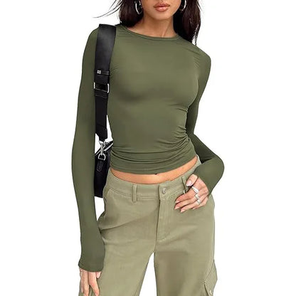 1pcs Four Seasons Fashion Senior Women T-shirt Long Sleeve Crew Neck Solid Slim Fit Tee Ladies Crop Top  Daily Streetwear Camis