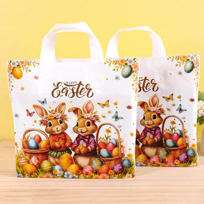 6pcs Happy Easter Large Gift Bags with Handles 25*30cm Plastic Tote Bags Cute Bunny Eggs Printed Treat Bags Easter Party Needs