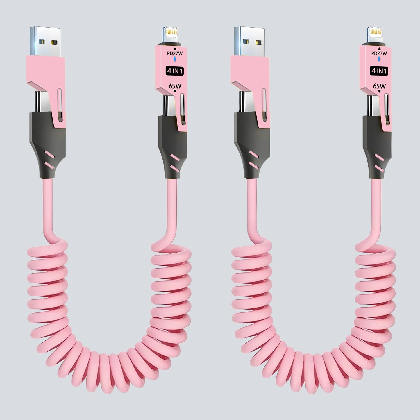 1/2PCS 4-in-1 Spring Data Cable & 65W Quick Charger: 6A USB Type-C Telescopic Wire Compatible with iPhone/iPad/MacBook/Huawei