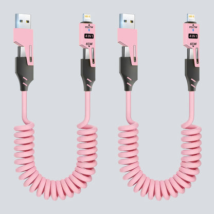 1/2PCS 4-in-1 Spring Data Cable & 65W Quick Charger: 6A USB Type-C Telescopic Wire Compatible with iPhone/iPad/MacBook/Huawei