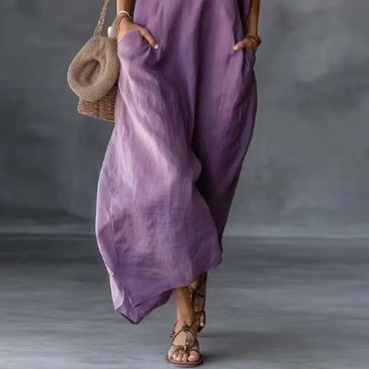 Bohemian Retro Solid Kaftan Dress Women V-Neck Lace Trim Loose Maxi Party Dress Summer Short Sleeve Casual Beach Holiday Dresses