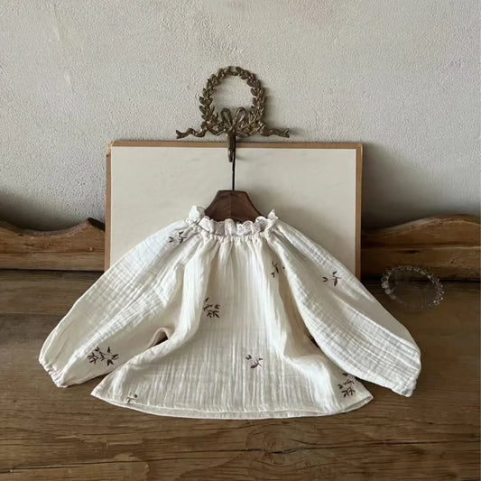 2025 Spring New Baby Girl Flower Embroidery Blouse Cotton Infant Long Sleeve Tops Loose Toddler Girl Shirts Kids Clothes