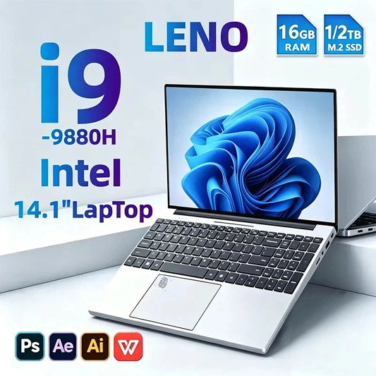 2026LENO 14.1 Inch Laptop Intel i9-9880H 32GB RAM 2TB SSD 1920*1080 FHD Display Windows 11 Gaming Office Study Portable Notebook