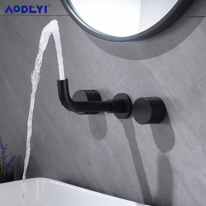 Black Bathroom Faucet Brass Double Lever Wall Mounted Sink Faucets Hot Cold Water Polished Taps Basin Mixer Brushed Gold Tap Set
