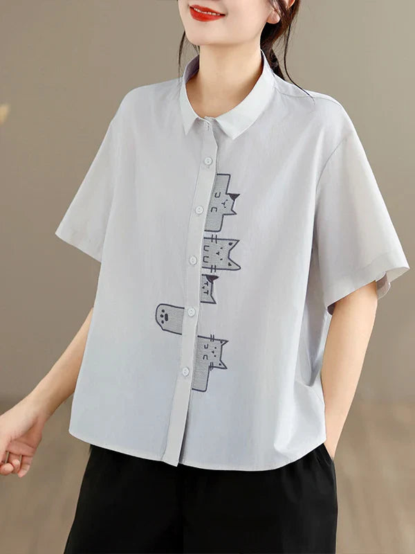 Casual Style Embroidered Pure Cotton Loose Fit Short Sleeve Shirt Women's plus Size Slimming Versatile White Summer Shirt