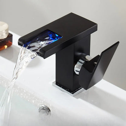 Black Bathroom Sink Faucet Single Hole Cold and Hot Water Mixing Valve Faucet 3 Colors Changing Color Changing Waterfall Faucet